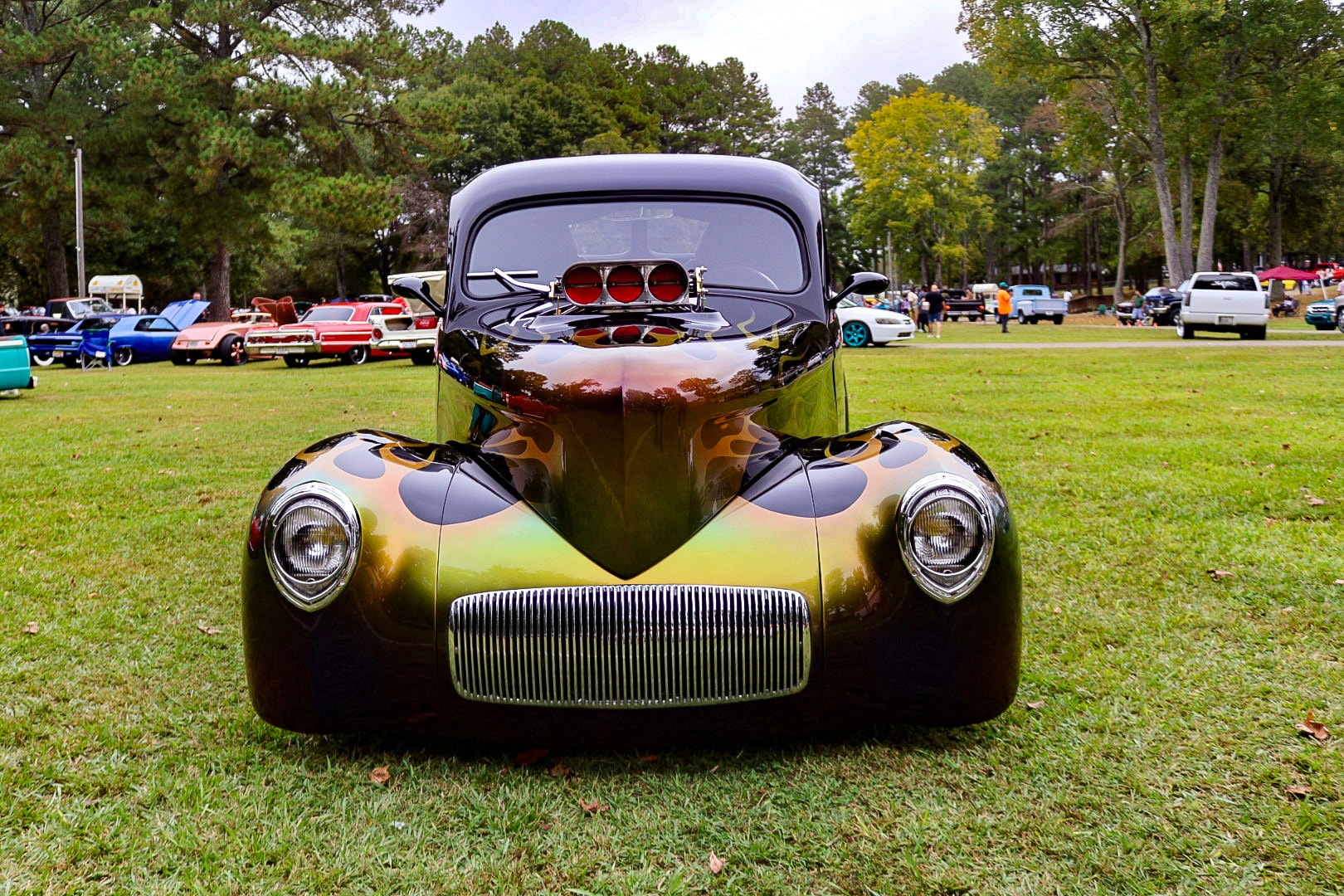 2026 Best in Show — custom Willys coupe with flame paint, 3/4 front view