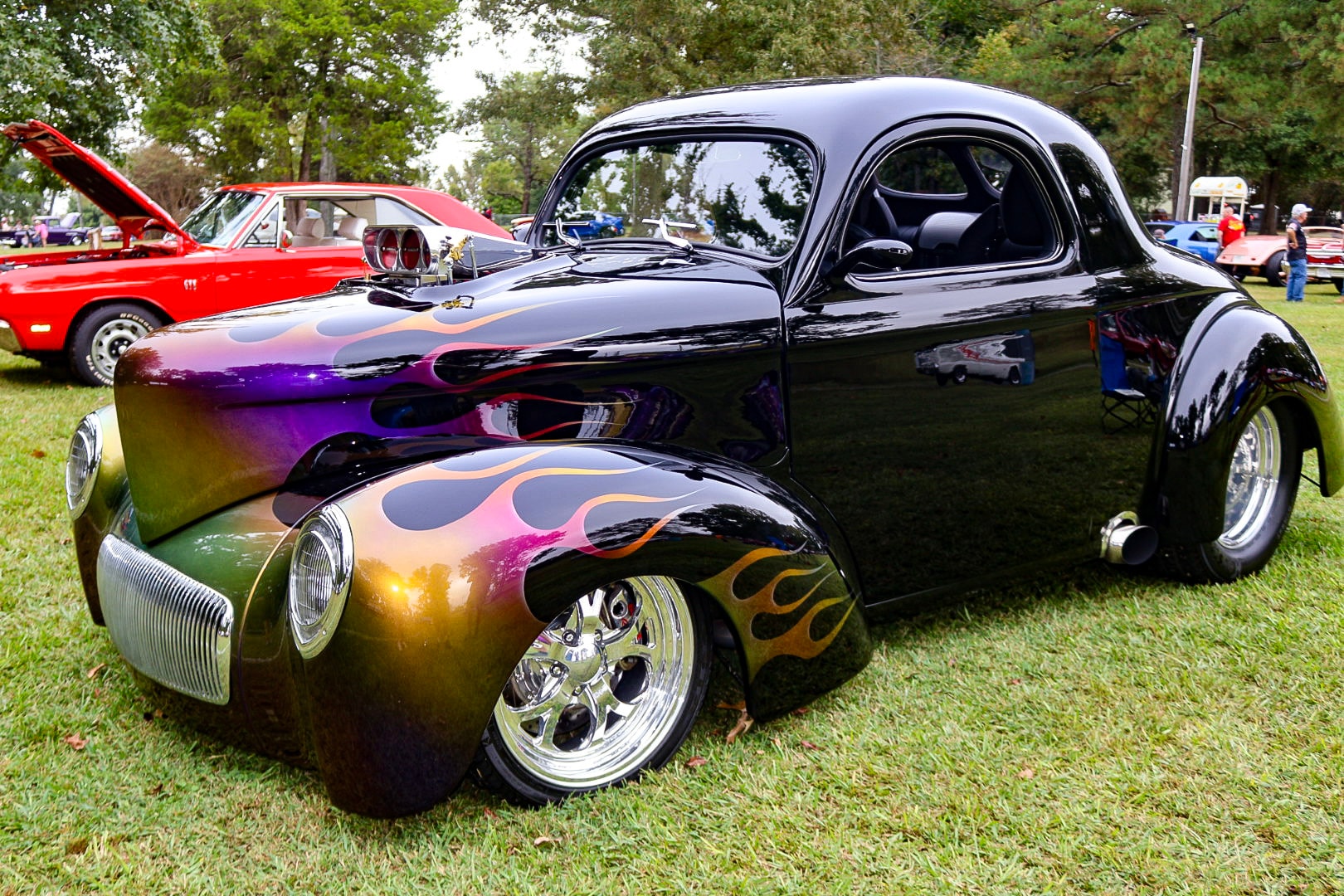 2026 Best in Show — custom Willys coupe with flame paint, side view